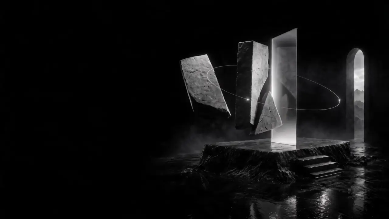 Unikey film study with suspended stone forms and white light