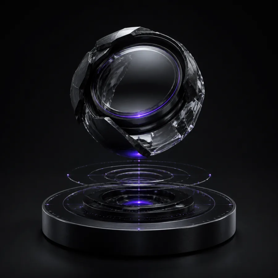 Discover stage represented by an obsidian research lens