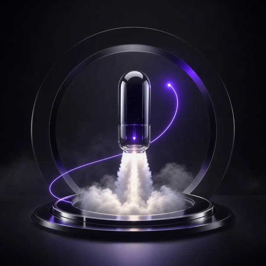 Launch stage represented by a rising portal capsule